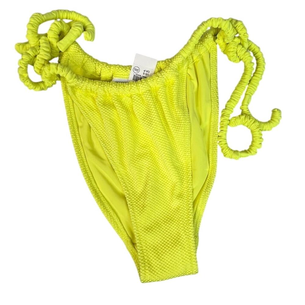 Aerie Florescent Yellow Ribbed Cheekiest Bungee Tie Bikini Bottoms Small New